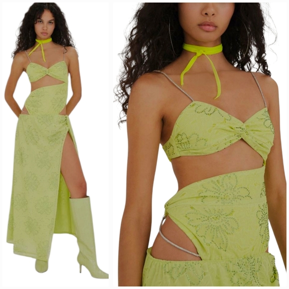 New For Love & Lemons 2 Pcs Set Beaded Anna Maxi Dress Bodysuit Skirt Lime Green